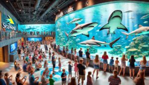 dalle 2024 07 03 121838 a vibrant and exciting scene at seaworlds shark exhibit featuring a large aquarium with various shark species swimming gracefully visitors includin
