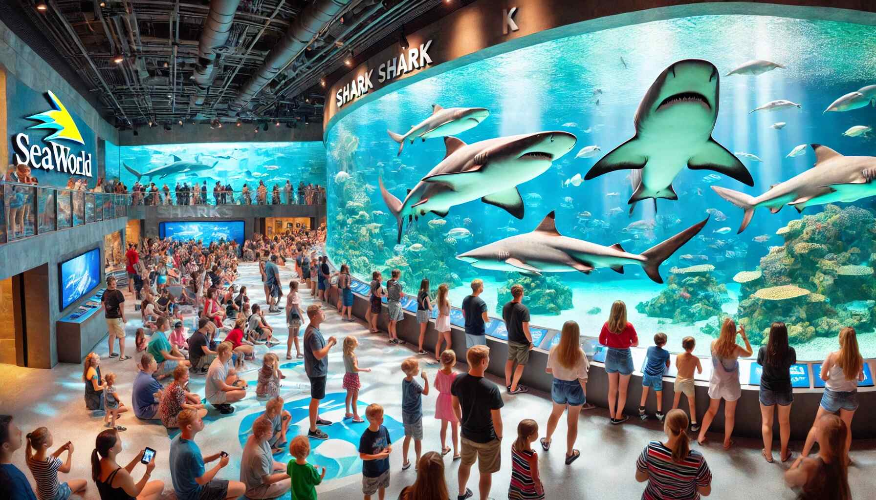 dalle 2024 07 03 121838 a vibrant and exciting scene at seaworlds shark exhibit featuring a large aquarium with various shark species swimming gracefully visitors includin